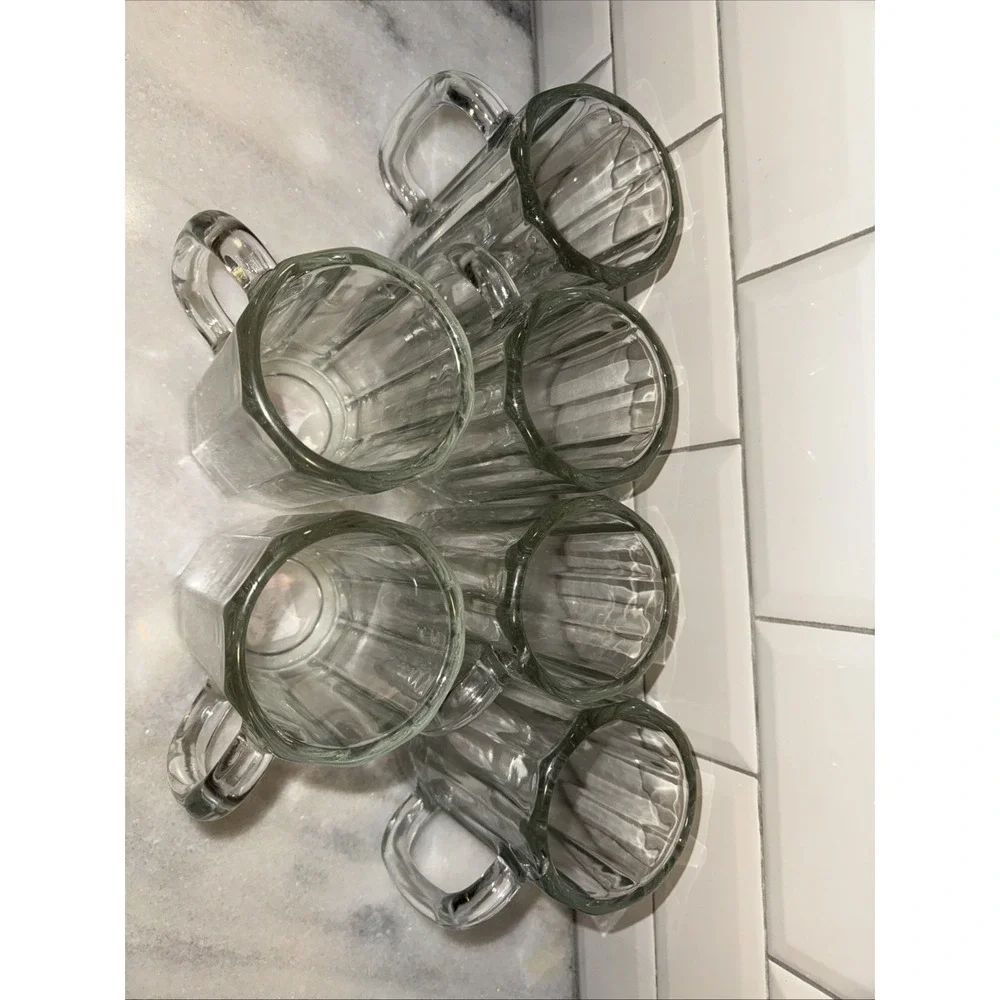 Set Of 6 Vintage Thick Heavy Libbey‎ 16oz 10 Panel Beer Mugs Clear Glass GW0042